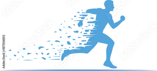 Blue silhouette of a man running with fragments breaking off his body