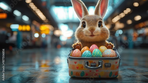 A delightful rabbit peeks out from a suitcase brimming with beautifully painted Easter eggs, evoking joy and creativity in a festive holiday setting filled with surprise.