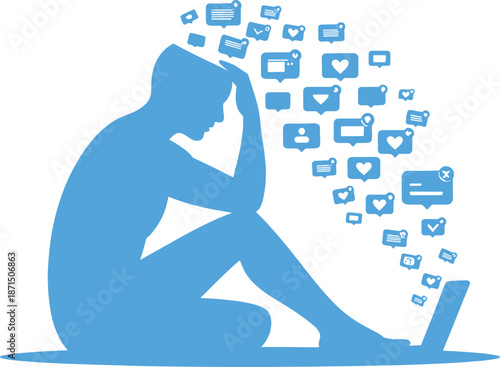 Blue silhouette of a man sitting with social media surrounding his head