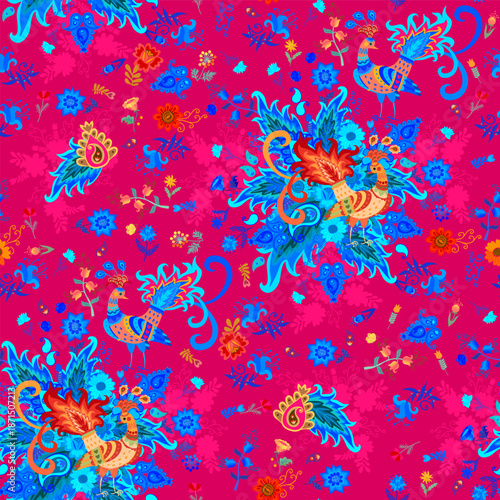 Fairytale birds and paisley among flowers and foliage on a complex crimson background. A seamless fabric print with folkloric motifs