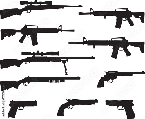 Collection of various firearm silhouettes isolated on transparent background