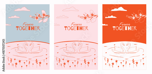 Valentine’s Day Duotone Greeting Cards Set with Swans