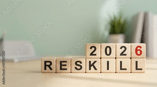 Wallpaper Mural Reskill 2026: Wooden Blocks Spelling Future Career Development and Adaptation Torontodigital.ca