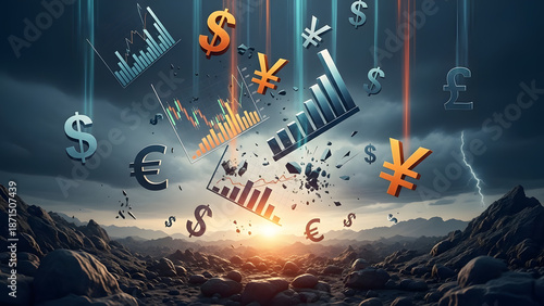Dollar, euro, and yen symbols with financial graphs plummet from a stormy sky into a desolate landscape.