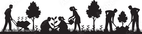Diverse group of people gardening and planting trees in a silhouette isolated on transparent background