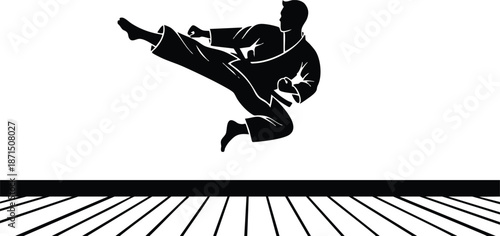 Flat design silhouette martial artist performing flying side kick in midair over dojo mats low angle looking away wearing gi black belt dramatic lighting high contrast