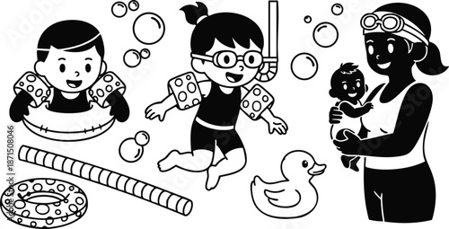 Vector line art mother holding baby smiling by pool with two children wearing snorkel and arm floaties playing with rubber duck pool toys simple gentle scene