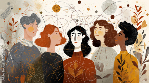 Colorful illustration featuring diverse group of people engaged in conversation, showcasing various expressions and styles, creating a vibrant social atmosphere of connection and communication