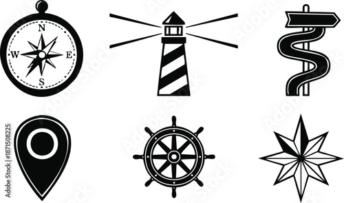 Flat design nautical icon set compass lighthouse helm location pin winding signpost simple black and white vector symbols for navigation and travel minimal geometric style icons