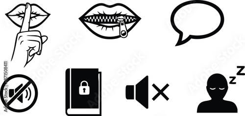 Flat design set of silence icons shushing finger zipped lips speech bubble muted speaker locked diary sleeping person black and white line art minimalist vector collection