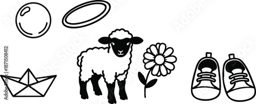 Minimalist line art vector set baby toys paper boat soap bubble frisbee lamb daisy pair of baby shoes outline icons playful composition centered simple black nursery