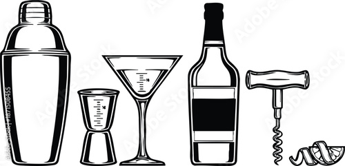 Line art close up set of cocktail shaker jigger martini glass wine bottle corkscrew and lemon twist on white background vector illustration black ink minimal outline
