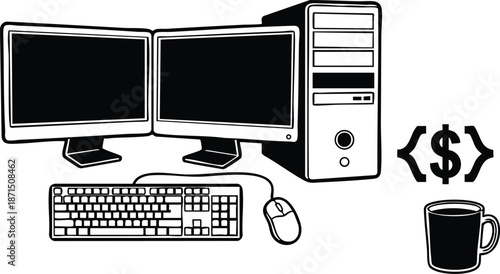 Line art dual monitor desktop setup with keyboard mouse coffee cup and coding symbol side view monochrome workspace close up low angle focus concentration minimalist
