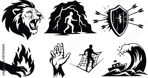 Tattoo flash roaring lion cave exit shield pierced by arrows hand with fire raised hand rescue net tightrope walker sailor ship wave emergency emblem set icons
