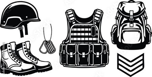 Line art tactical gear set close up helmet boots dog tags vest backpack chevrons front view monochrome vector illustration flat style detailed linework military equipment isolated
