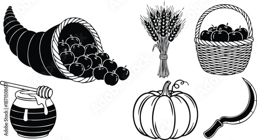 Vintage engraving style cornucopia overflowing with apples pumpkin wheat honey jar wicker basket and curved sickle harvest still life rustic close up top view black white
