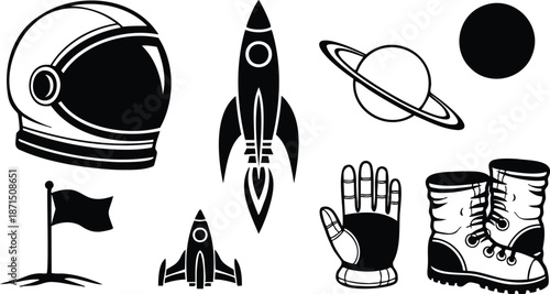 Flat vector space equipment icons close up astronaut helmet rocket and small shuttle planet flag glove and lunar boots simple black silhouette composition isolated line art