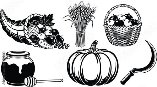 Engraving style close up cornucopia overflowing with fruit pumpkin wheat basket honey jar sickle agricultural harvest symbols rustic monochrome line art bold detailed vector engraving technique