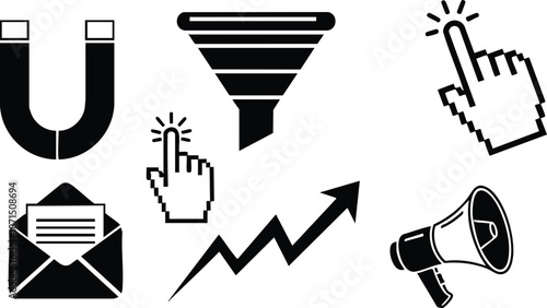 Flat vector marketing icon set close up magnet funnel clicking hand envelope growth arrow megaphone black silhouettes isolated on white background minimal design line art simple