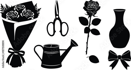 Silhouette flat design floral bouquet with roses single stem rose scissors watering can vase and decorative bow isolated on white background close up top view minimal