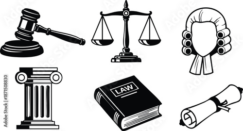 Flat design legal icon set close up gavel scales pillar judge wig law book diploma isolated vector art for legal branding editorial use monochrome simple bold