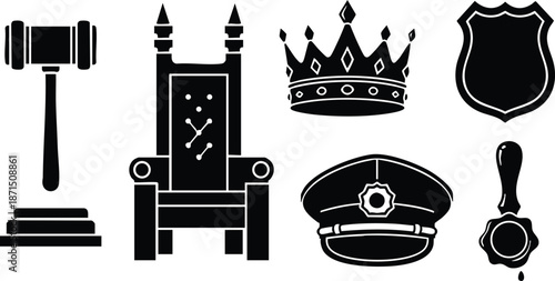 Flat design royal and judicial icon set gavel throne crown shield police cap wax seal silhouettes close up vector symbols for security law authority justice ceremony