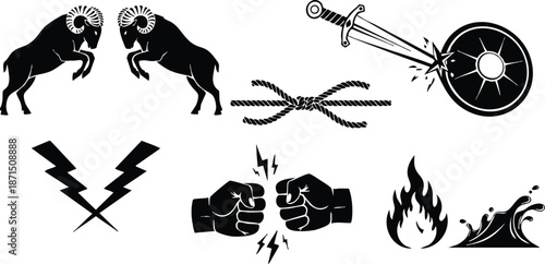 Flat design silhouette icon set rams facing each other sword hitting shield knotted rope crossed lightning fist bump flame wave minimalist black symbols for branding logos