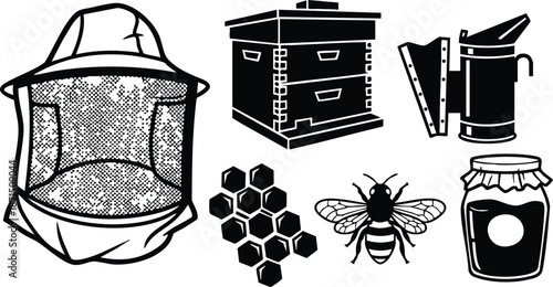 Line art detailed beekeeping icon set showing beekeeper veil hive box smoker hive tool honeycomb bee and honey jar close up top view front angle illustration