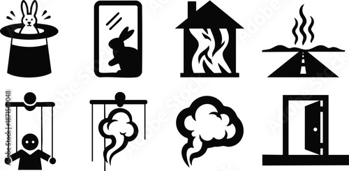 Flat design icon set showing rabbit in hat rabbit reflection burning house heat haze road marionette puppet smoke cloud and open doorway in minimalist silhouette style