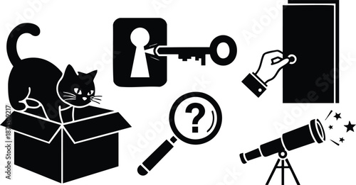 Flat vector icon set showing cat in box key and keyhole hand opening door magnifying glass with question mark and telescope with stars silhouette black icons