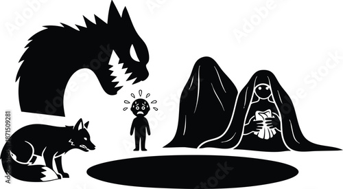 Silhouette art low angle child standing by dark hole facing snarling wolf and looming monster with cloaked figures watching in stark black and white flat design