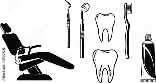 Flat design dental chair and tools close up with two teeth toothbrush and toothpaste arranged in clinic layout clean clinical line art monochrome overhead mirror probe