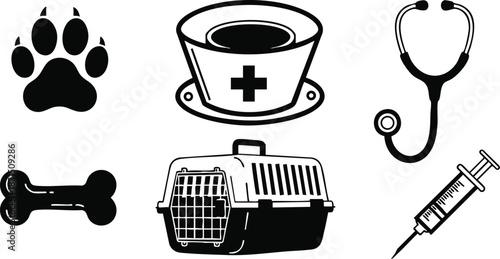 Flat design veterinarian icon set close up paw bone pet carrier stethoscope syringe nurse hat medical cross black silhouettes on white background high contrast simple bold