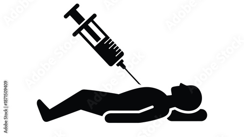 A simple black silhouette depicting a syringe injecting into a reclining human figure