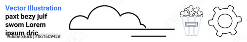 Cloud computing, entertainment, automation, technology, data storage, digital tools. Abstract cloud line, popcorn bucket and gear icon. Cloud computing and entertainment industry concept