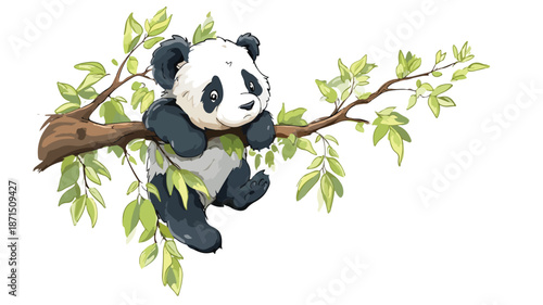 Adorable Baby Panda Hanging on Tree Vector Illustration with Outline