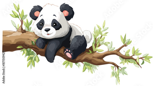 Adorable Baby Panda Hanging on Tree Vector Illustration with Outline