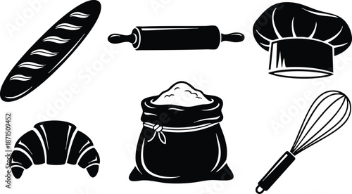 Flat design bakery icons set close up baguette croissant rolling pin whisk flour sack chef hat black silhouette simple kitchen baking tools vector isolated monochrome editable