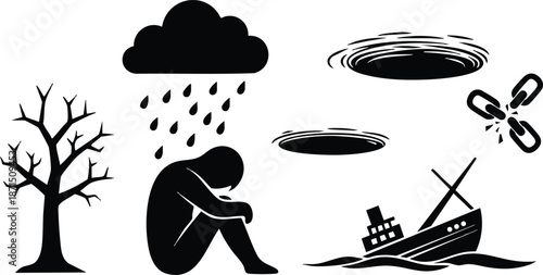 Minimalist icon set showing hunched silhouette sitting under a rain cloud near sinking ship broken chain and barren tree with whirlpool elements isolated overcast