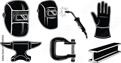 Flat design close up view welding helmet and torch vector icon set showing welding glove anvil c clamp and steel beam in bold black silhouette style