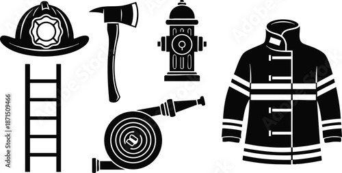 Flat design firefighter equipment icon set helmet jacket ladder hose hydrant axe coiled hose viewed from side black silhouette on white background bold minimal vector isolated