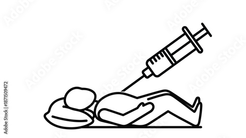 Simple black and white illustration depicting a syringe poised above a reclining human figure