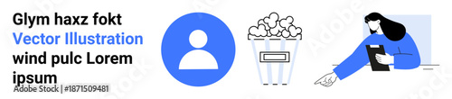 Social media, entertainment, food services, documentation, user interfaces, modern design. Set of profile icon, popcorn graphic seated woman with clipboard. Social media and entertainment concept