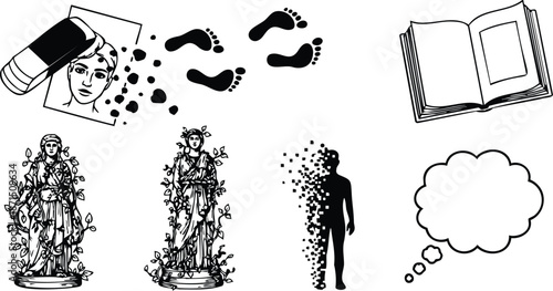 Line art vector icon set showing eraser removing portrait and scattered dots footprints open book two vine covered statues pixel dissolve human silhouette and thought bubble