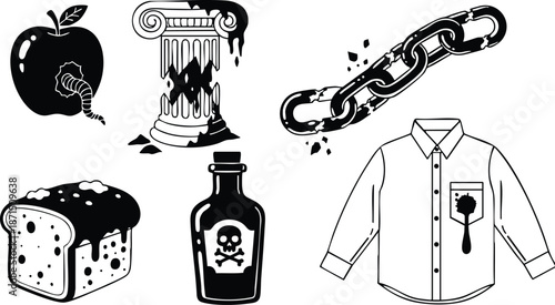 Vector icon set close up apple with worm moldy bread poison bottle broken column shattered chain stained shirt black and white flat design simple bold silhouettes