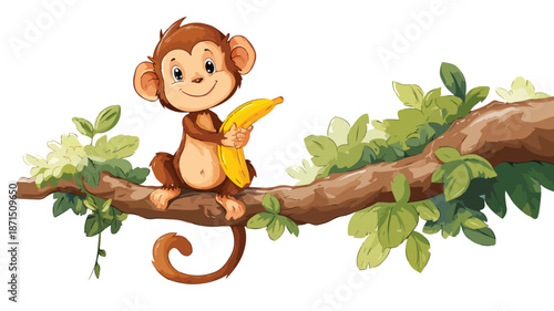Playful Monkey Hanging on Tree with Banana Cartoon