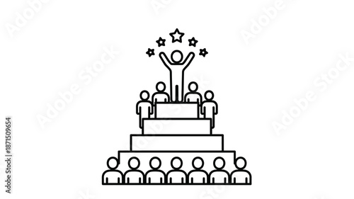 A line art illustration depicts a celebratory scene with a figure on a platform