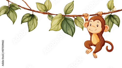 Playful Monkey Hanging On Tree Branch Vector Illustration Isolated with Outline