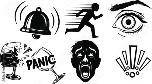 Line art emergency icon set showing ringing bell running silhouette wide open eye broken glass panic word screaming face and exclamation cluster in bold monochrome style