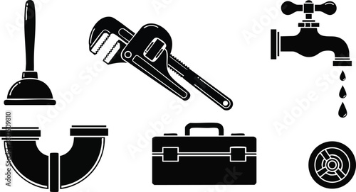Flat design plumbing icon set close up wrench plunger toolbox faucet dripping water pipe elbow joint drain cover vector art clean minimalist equipment